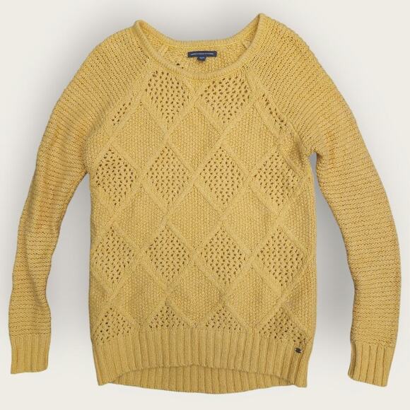 American Eagle Sweater Women's Sz XS Cable Open Knit Mustard Yellow Scoop Neck - Picture 1 of 9